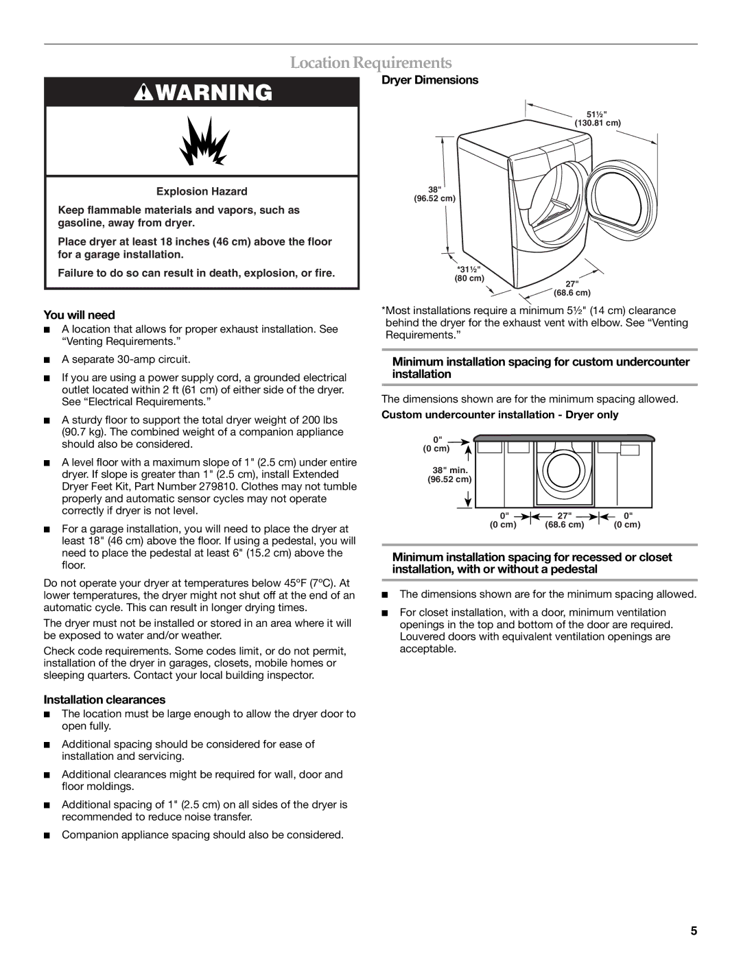 KitchenAid Clothes Dryer manual Location Requirements, Dryer Dimensions, You will need, Installation clearances 