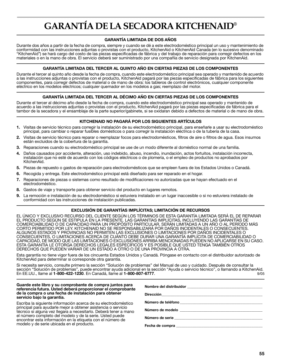 KitchenAid Clothes Dryer manual Garantía DE LA Secadora Kitchenaid, En EE.UU., llame al 1-800-422-1230. En Canadá, llame al 