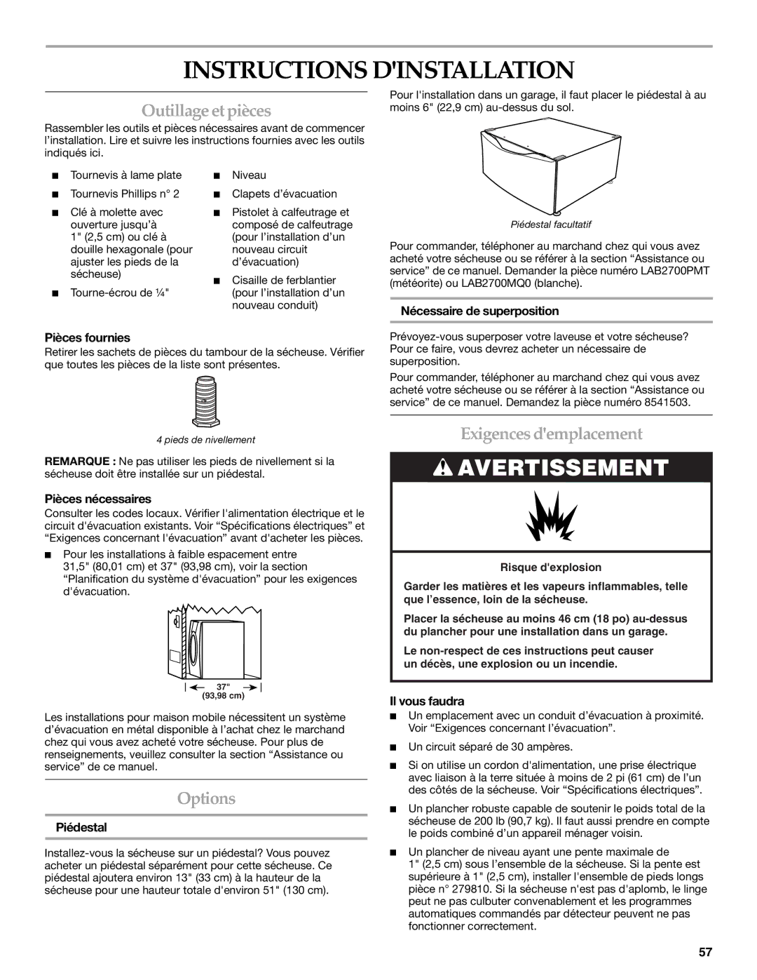 KitchenAid Clothes Dryer manual Instructions Dinstallation, Outillage etpièces, Exigences demplacement 