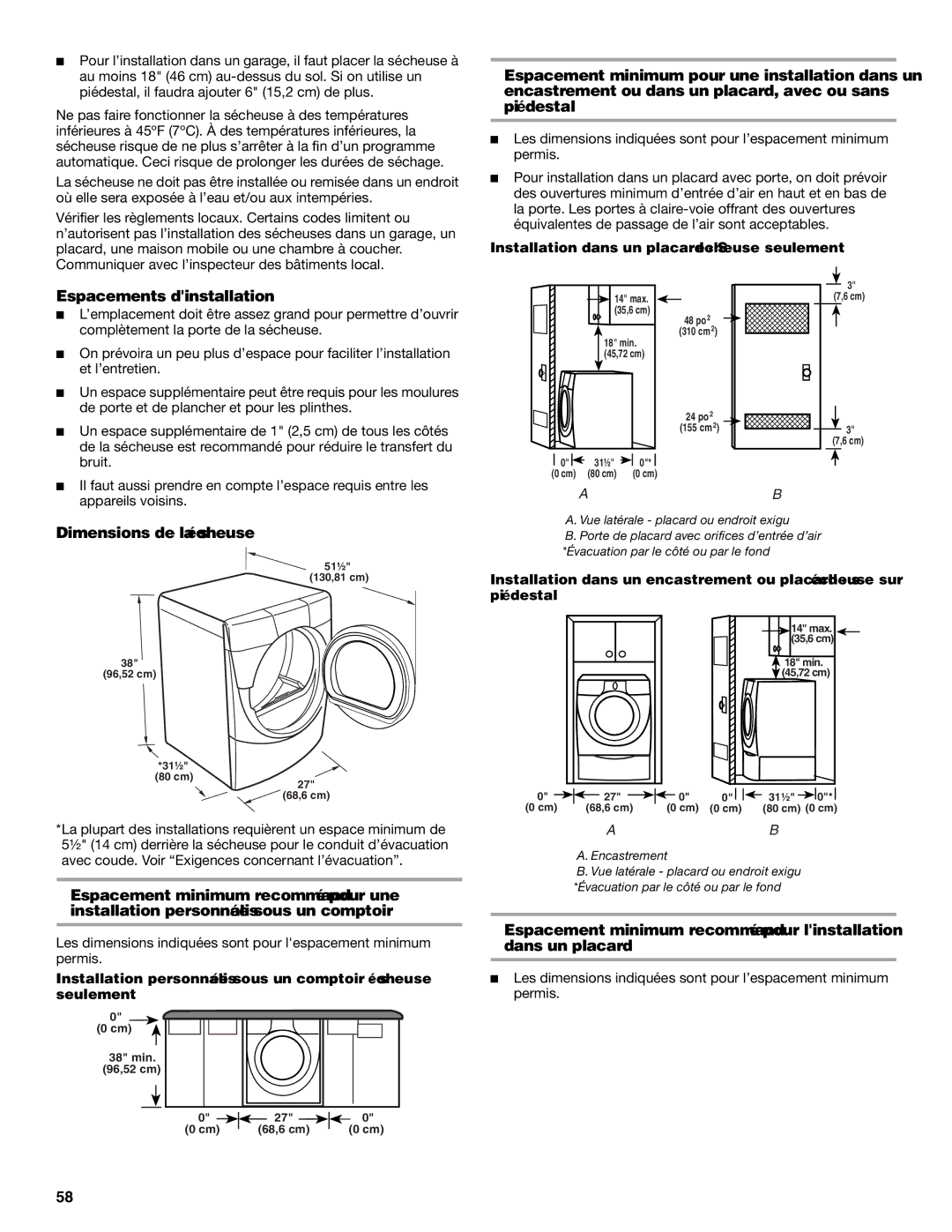 KitchenAid Clothes Dryer manual Espacements dinstallation, Dimensions de la sécheuse 