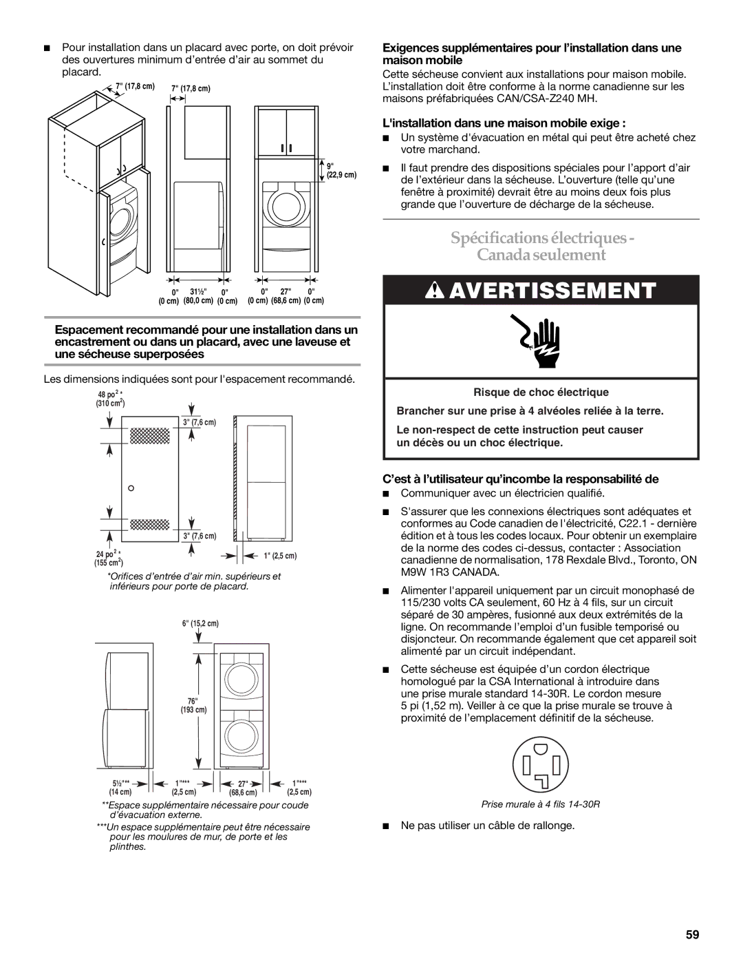 KitchenAid Clothes Dryer manual Spécifications électriques Canada seulement, Linstallation dans une maison mobile exige 