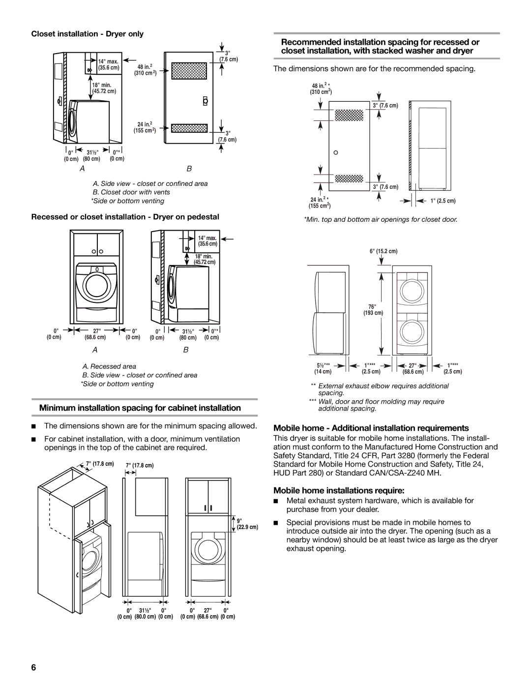 KitchenAid Clothes Dryer manual Minimum installation spacing for cabinet installation, Mobile home installations require 