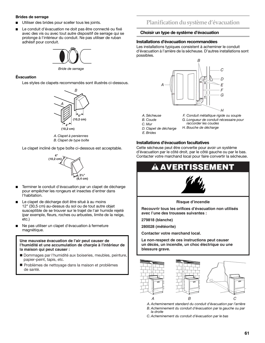 KitchenAid Clothes Dryer Planification du système d’évacuation, Installations d’évacuation facultatives, Brides de serrage 