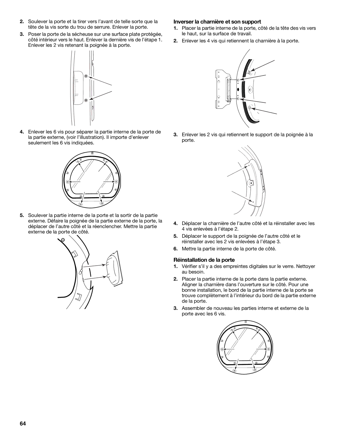 KitchenAid Clothes Dryer manual Inverser la charnière et son support, Réinstallation de la porte 