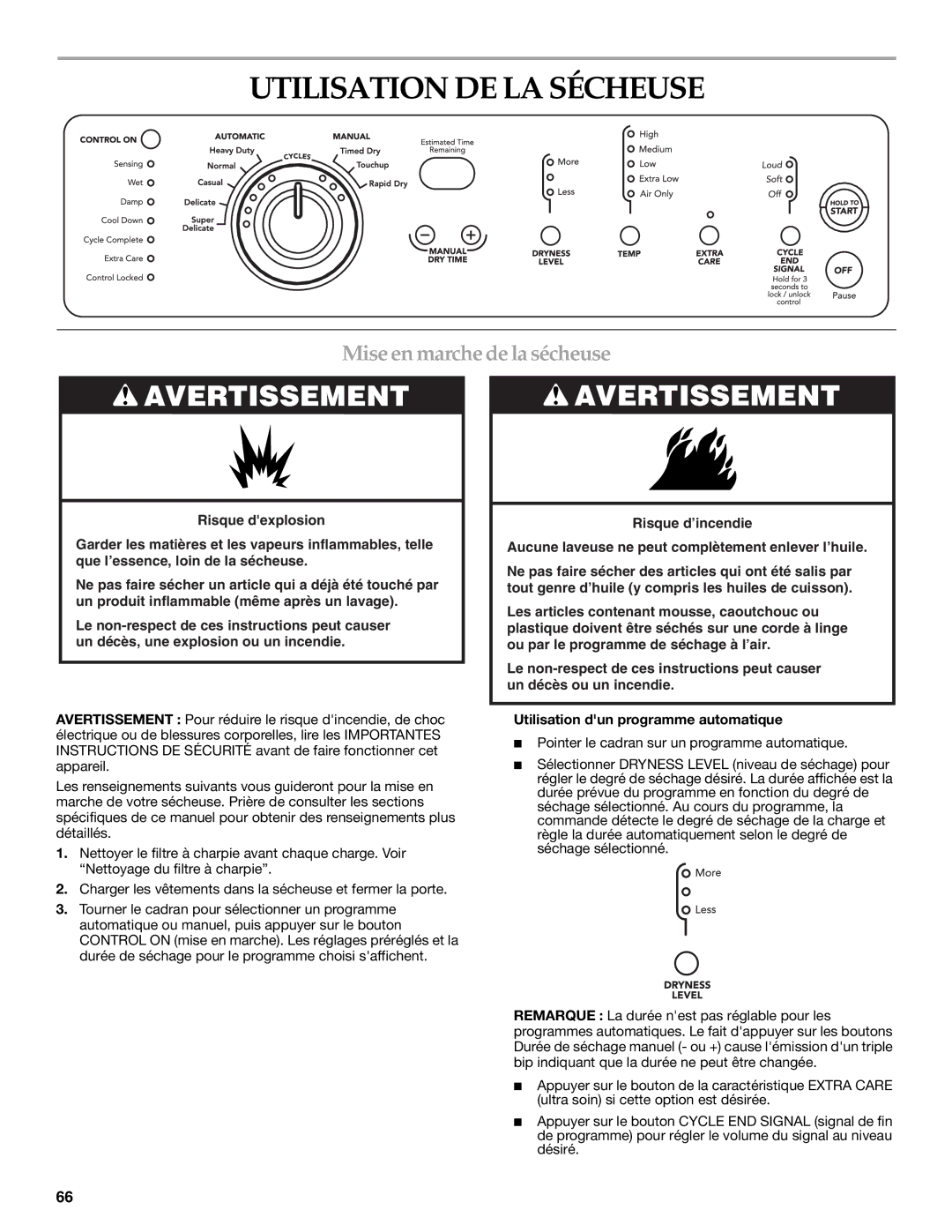 KitchenAid Clothes Dryer manual Utilisation DE LA Sécheuse, Mise en marche de la sécheuse 