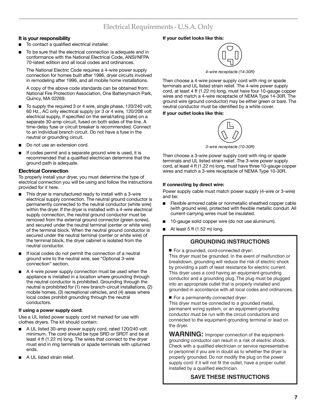 KitchenAid Clothes Dryer manual Electrical Requirements U.S.A. Only, It is your responsibility, Electrical Connection 