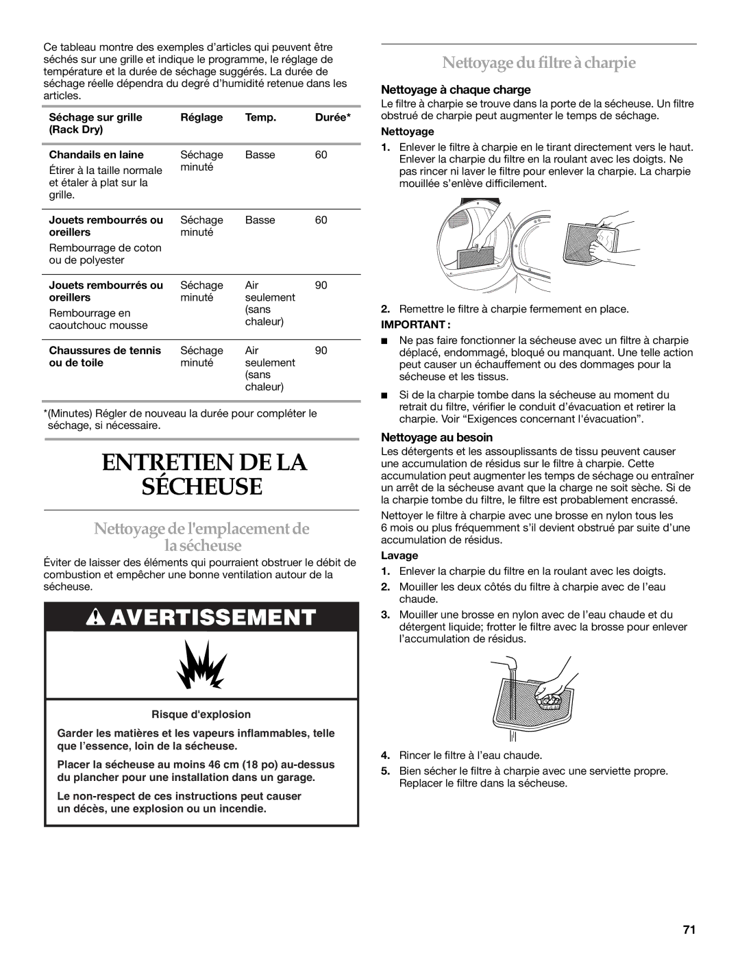 KitchenAid Clothes Dryer Entretien DE LA Sécheuse, Nettoyage de lemplacement de La sécheuse, Nettoyage du filtre à charpie 