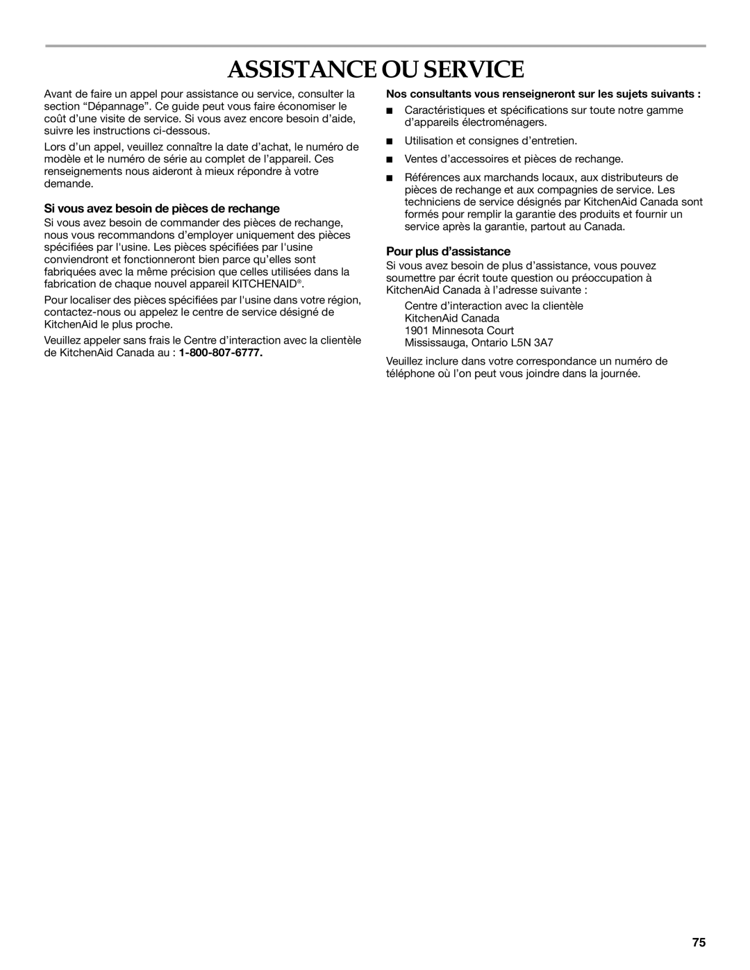 KitchenAid Clothes Dryer manual Assistance OU Service, Si vous avez besoin de pièces de rechange, Pour plus d’assistance 