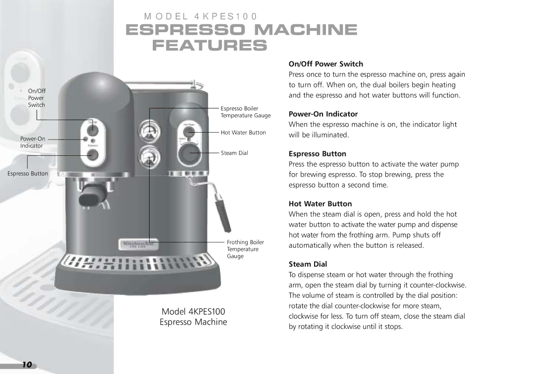 KitchenAid Coffeemaker, 4KPES100, 88 manual Espresso Machine Features 