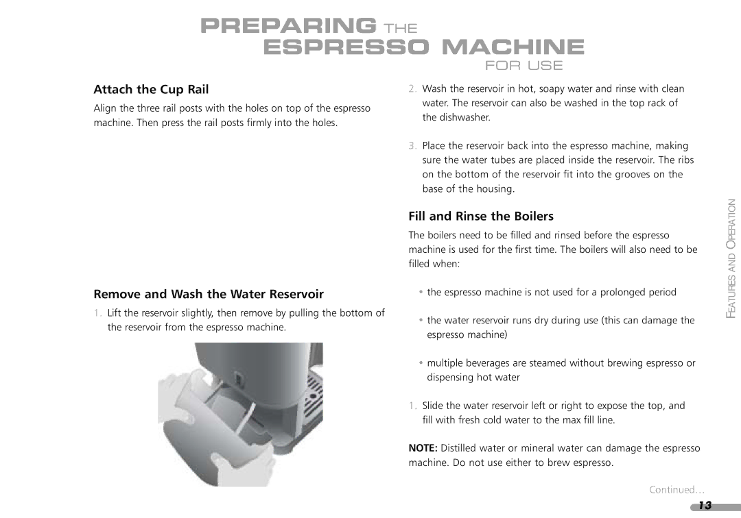 KitchenAid Coffeemaker, 4KPES100 Preparing the Espresso Machine, Attach the Cup Rail, Remove and Wash the Water Reservoir 