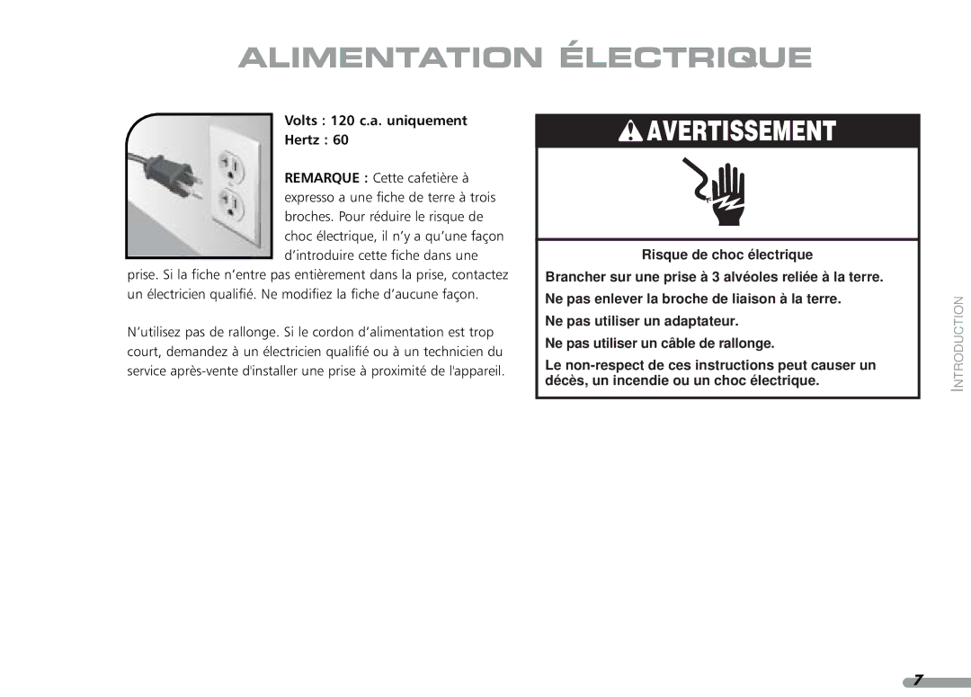 KitchenAid 88, Coffeemaker, 4KPES100 manual Alimentation Électrique, Volts 120 c.a. uniquement Hertz 