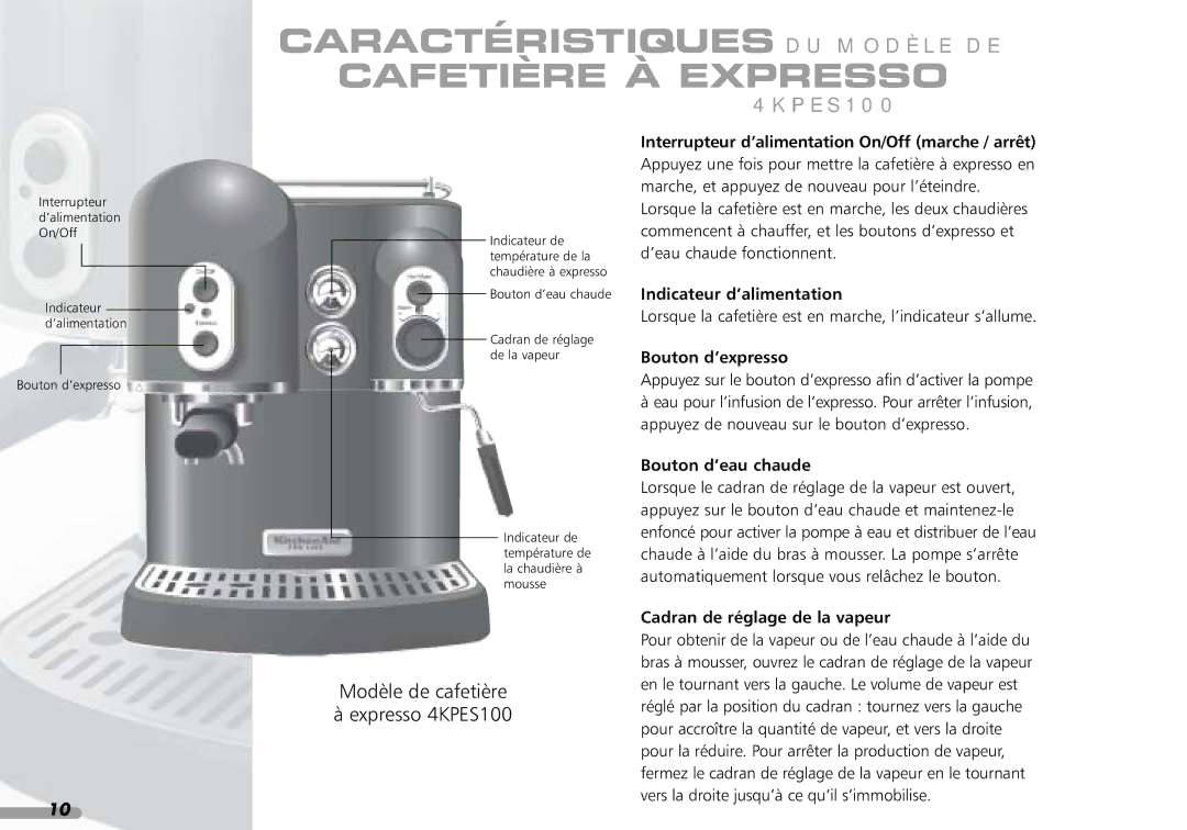 KitchenAid 88, Coffeemaker, 4KPES100 manual Caractéristiques DU Modèle DE Cafetière À Expresso 