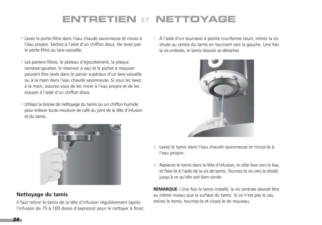 KitchenAid 4KPES100, Coffeemaker, 88 manual Nettoyage du tamis 