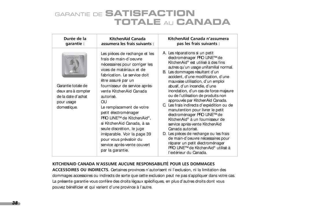 KitchenAid Coffeemaker, 4KPES100, 88 manual Garantie DE Satisfaction Totale AU Canada, Durée de la Garantie 