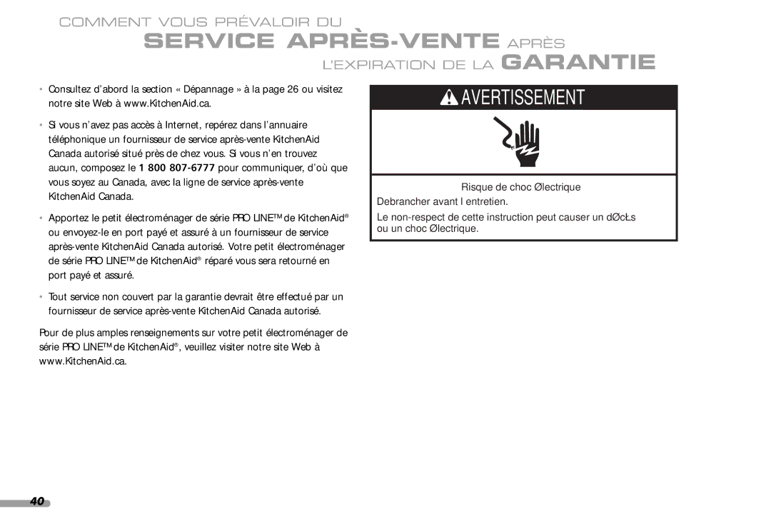 KitchenAid 88, Coffeemaker, 4KPES100 manual Service APRÈS-VENTE Après, ’EXPIRATION DE LA Garantie 