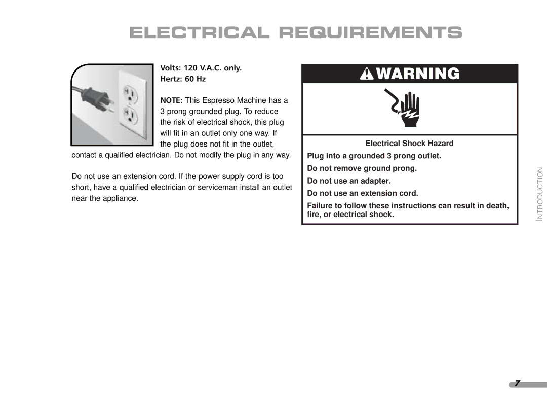 KitchenAid Coffeemaker, 4KPES100, 88 manual Electrical Requirements, Volts 120 V.A.C. only Hertz 60 Hz 