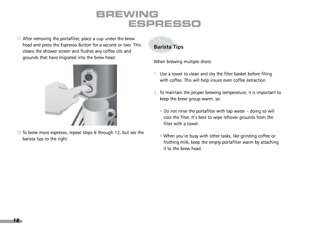 KitchenAid 88, Coffeemaker, 4KPES100 manual Barista Tips, Brewing Espresso 