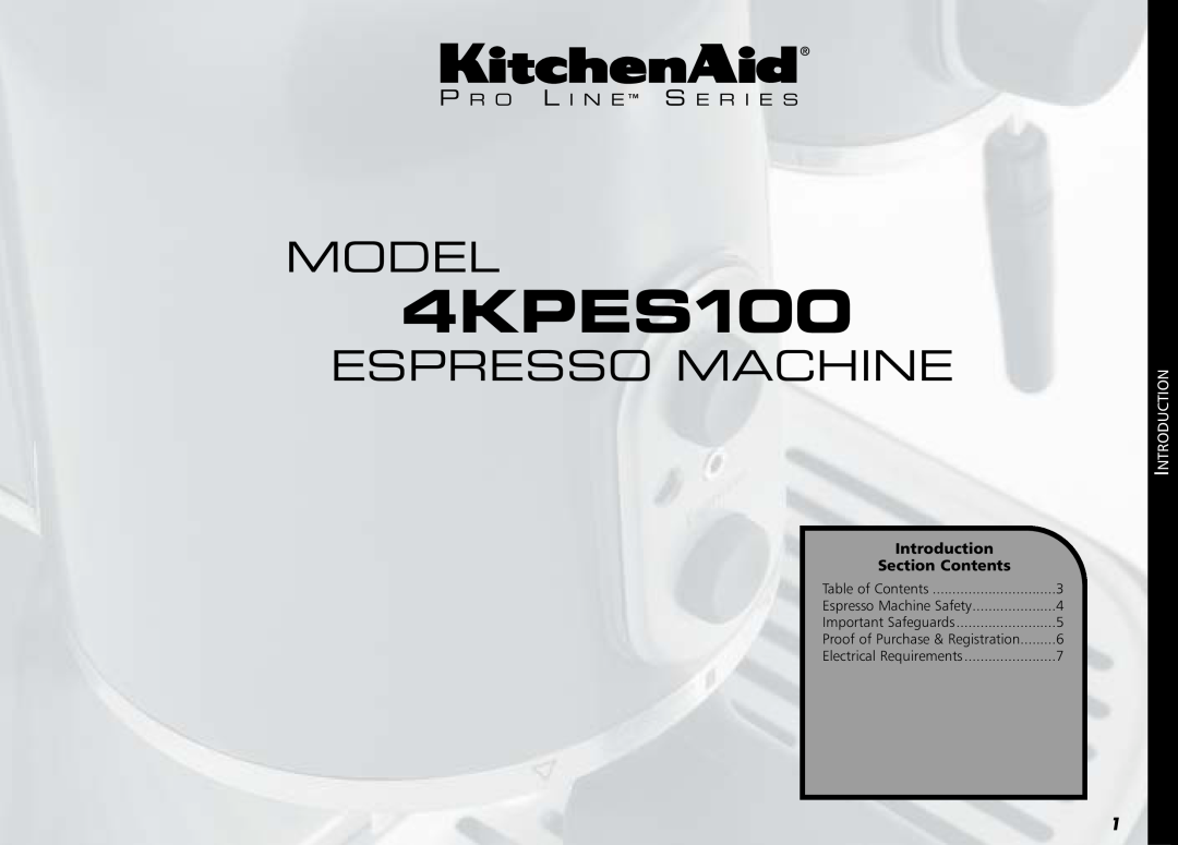 KitchenAid Coffeemaker, 88 4KPES100, Model, Espresso Machine, P R O L I N E S E R I E S, Introduction, Section Contents 