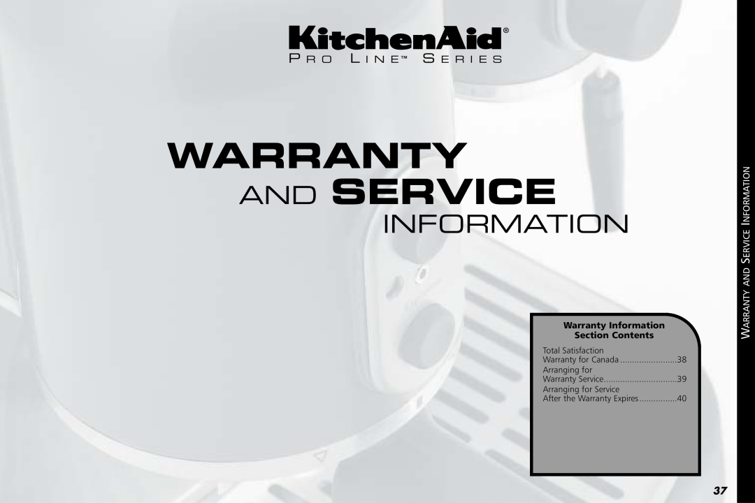 KitchenAid Coffeemaker, 88 Warranty And Service, P R O L I N E S E R I E S, Warranty Information, Section Contents 