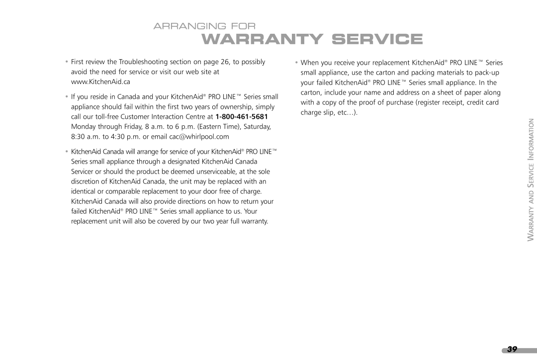 KitchenAid 88, Coffeemaker, 4KPES100 manual Warranty Service, Arranging For, Warranty And Service Information 