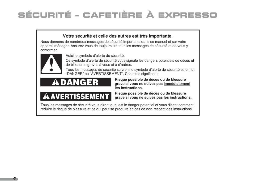 KitchenAid 88, Coffeemaker, 4KPES100 manual Sécurité - Cafetière À Expresso, Avertissement, Danger 