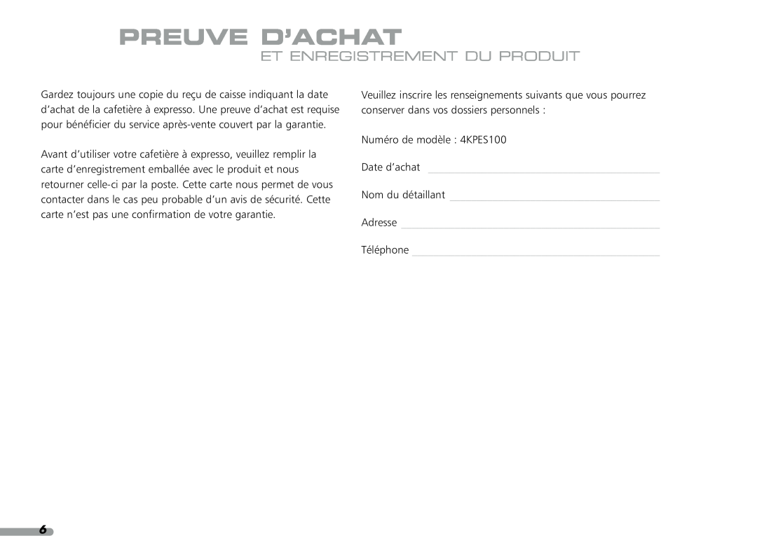 KitchenAid 4KPES100, Coffeemaker, 88 manual Preuve D’Achat, Et Enregistrement Du Produit 