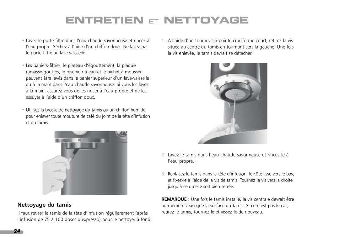 KitchenAid 4KPES100, Coffeemaker, 88 manual Nettoyage du tamis, Entretien Et Nettoyage 