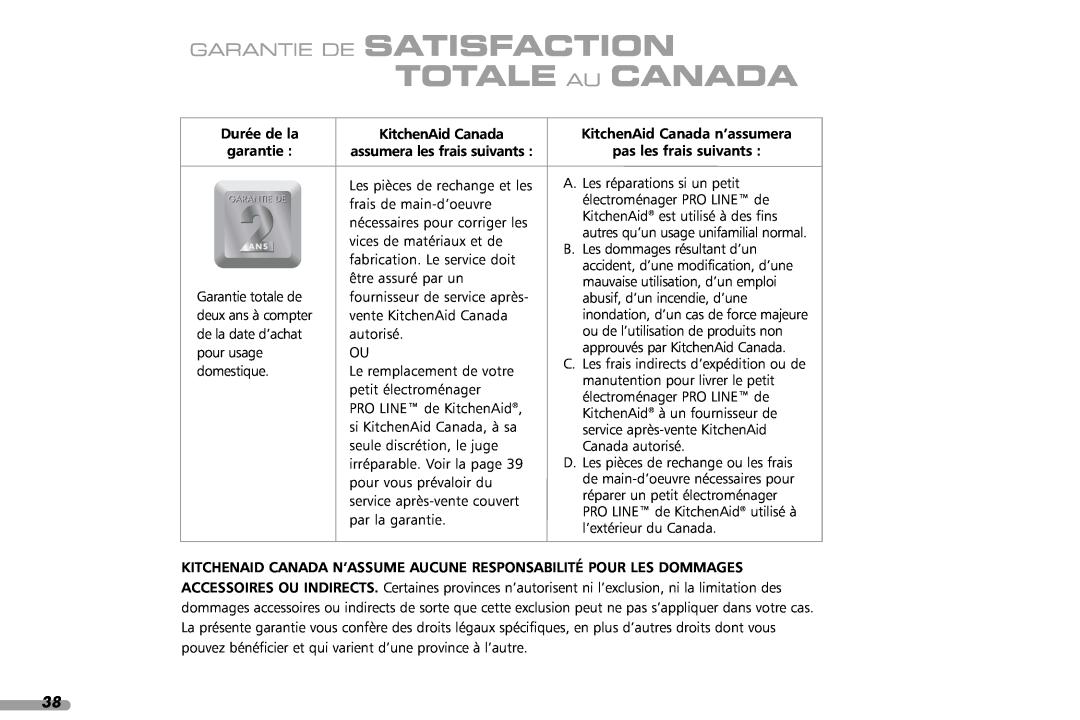 KitchenAid Coffeemaker, 4KPES100, 88 manual Garantie De Satisfaction Totale Au Canada, Durée de la garantie 