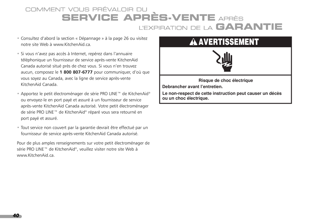 KitchenAid 88, 4KPES100 Service Après-Vente Après, L’Expiration De La Garantie, Avertissement, Comment Vous Prévaloir Du 