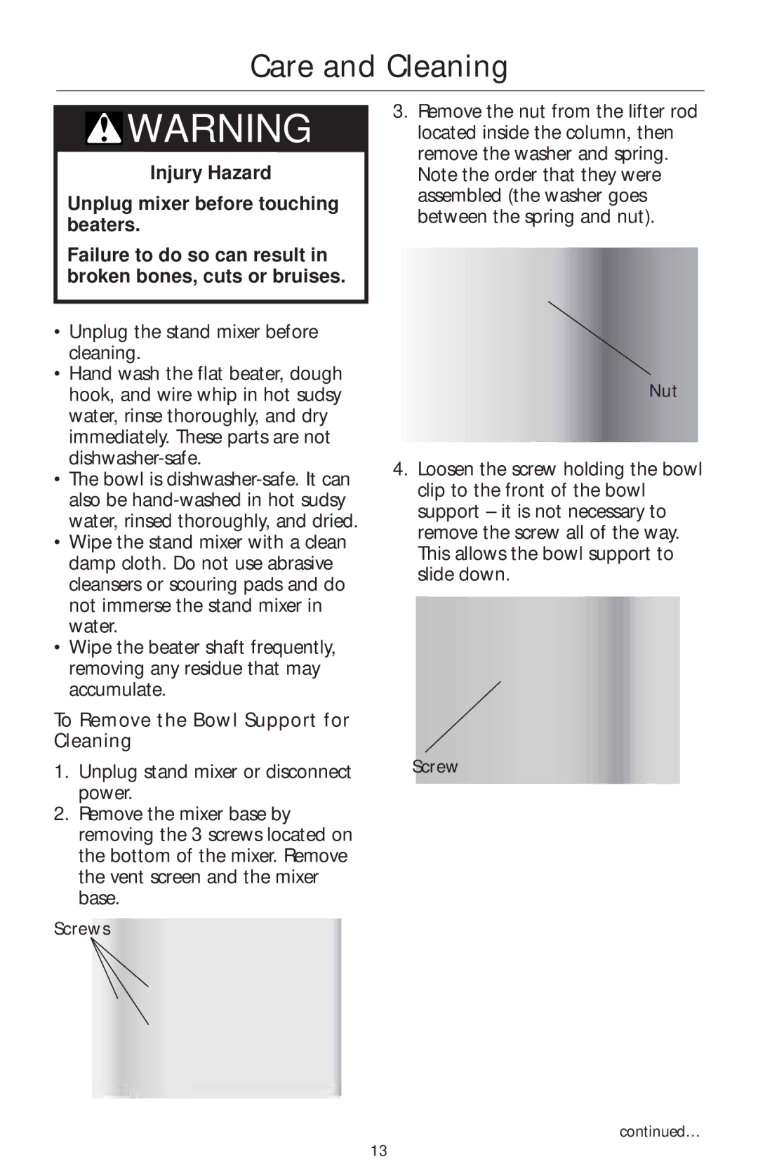 KitchenAid COMMERCIAL MIXER manual Care and Cleaning, To Remove the Bowl Support for Cleaning 