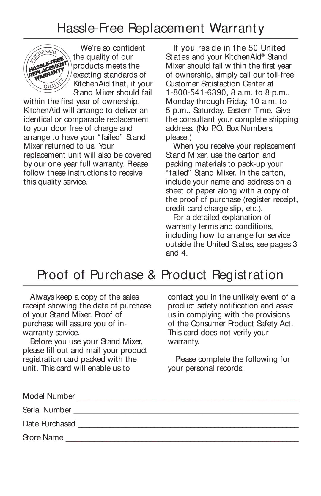 KitchenAid COMMERCIAL MIXER manual Hassle-Free Replacement Warranty, Proof of Purchase & Product Registration 