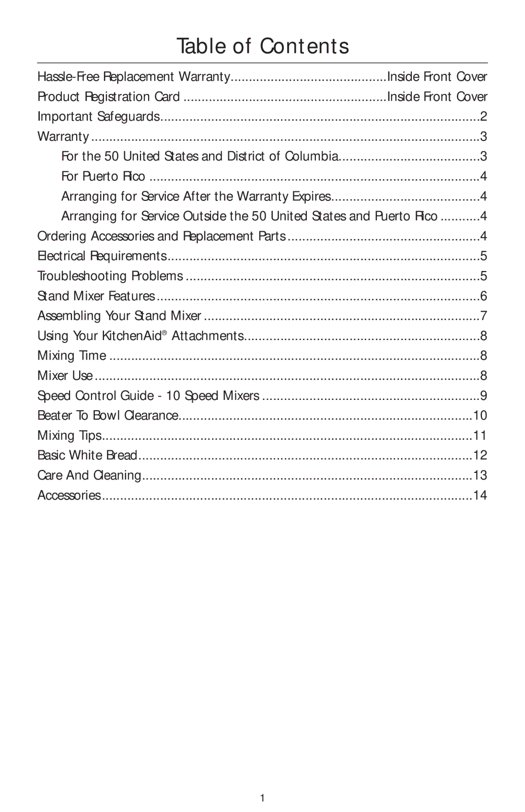 KitchenAid COMMERCIAL MIXER manual Table of Contents 