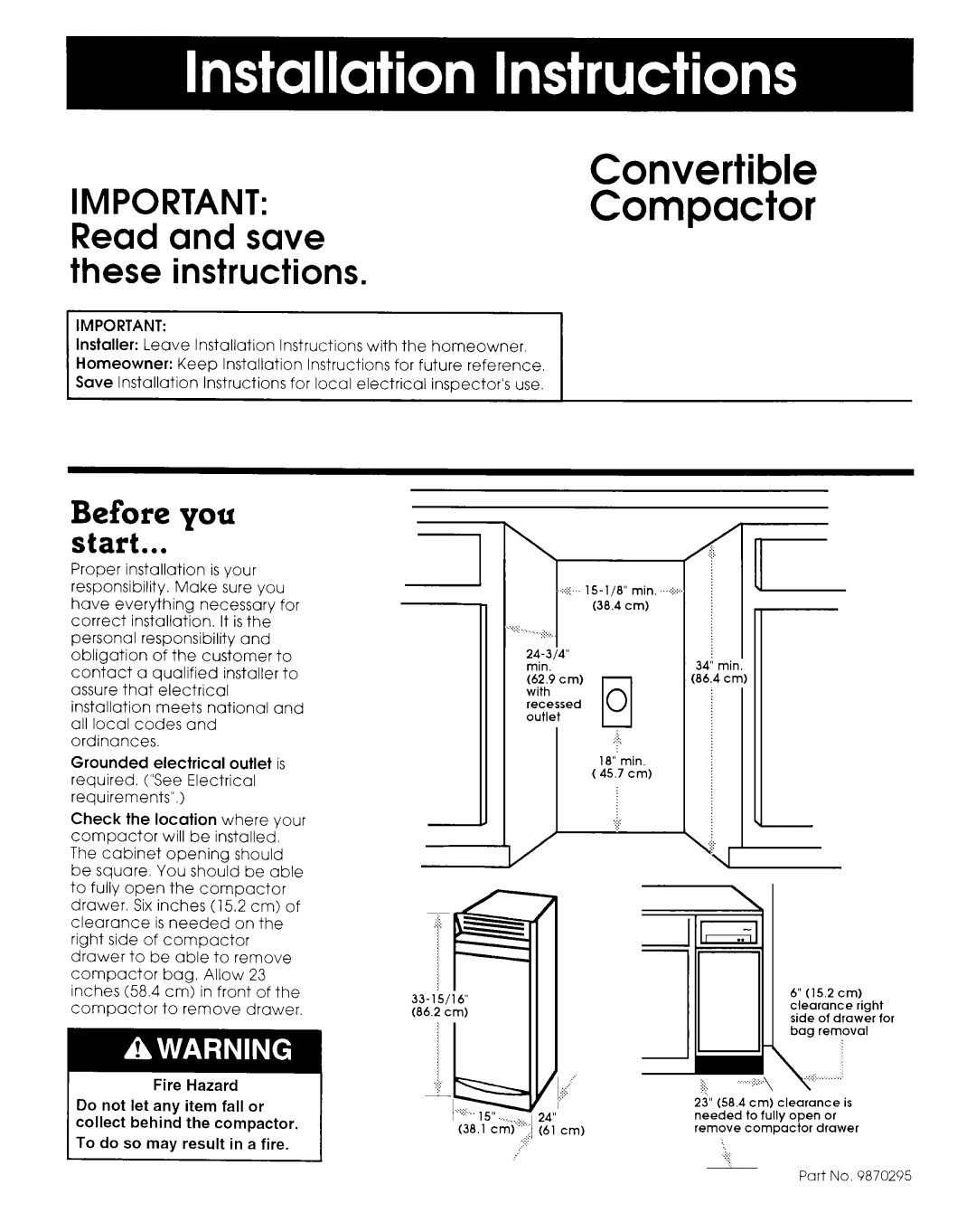 KitchenAid compactor installation instructions Important Read and save these instructions, Before you Start 