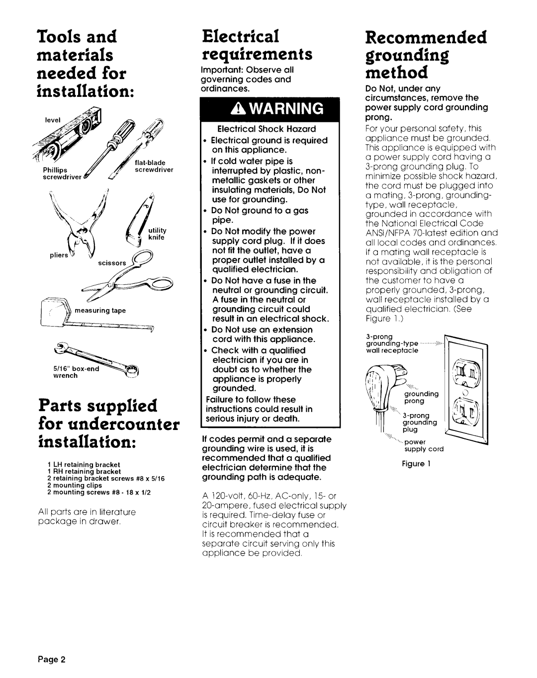 KitchenAid compactor installation instructions Electrical reauirements, Recommended groundfng method 