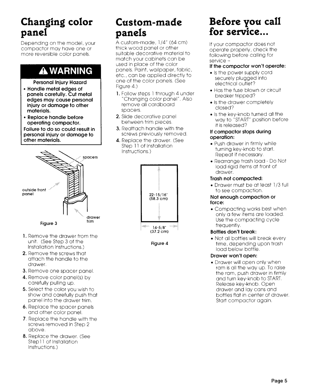 KitchenAid compactor installation instructions Changing color panel, Before you call For service, Custom-made panels 