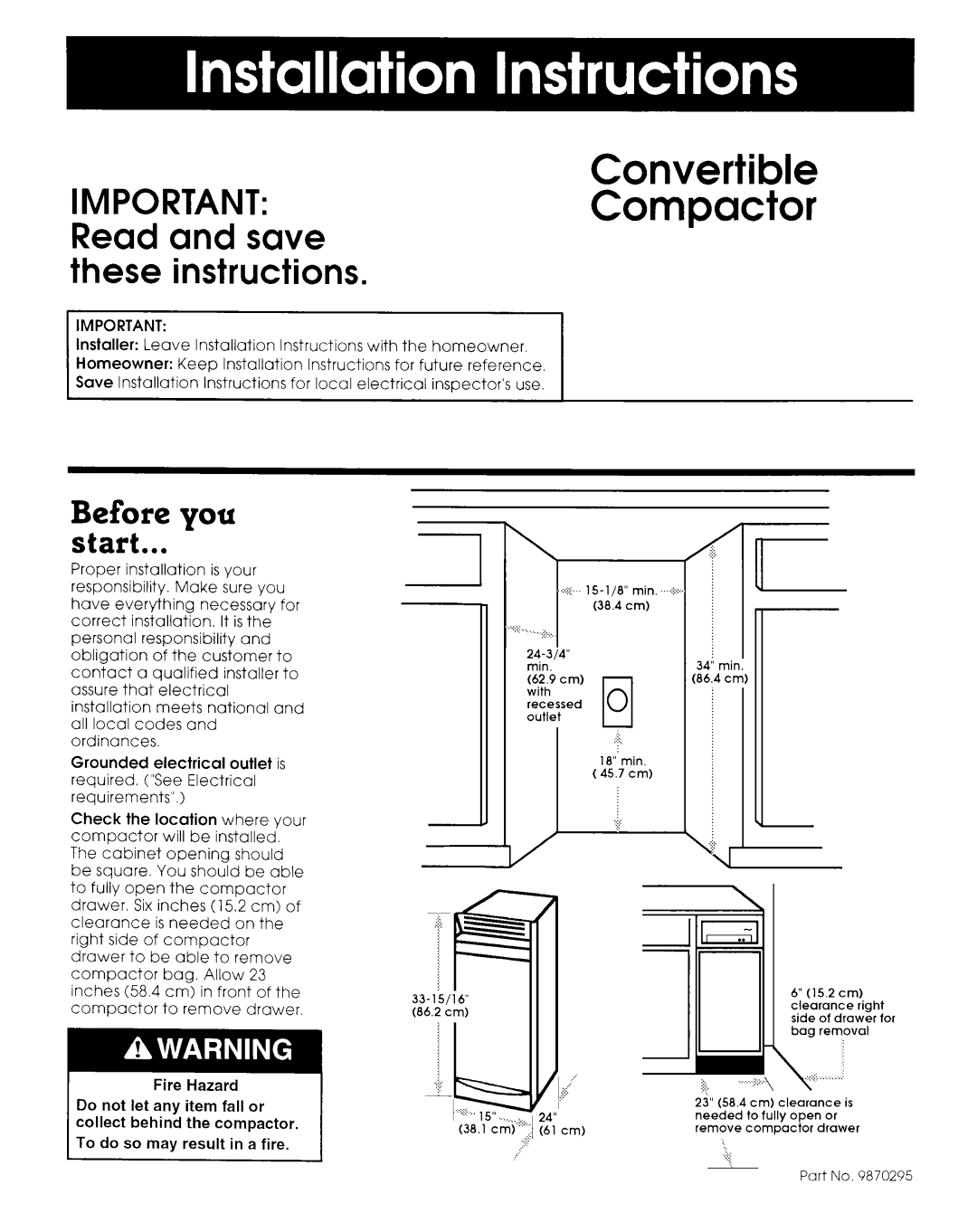 KitchenAid compactor installation instructions IMPORTANT Read and save these instructions, Before you start 