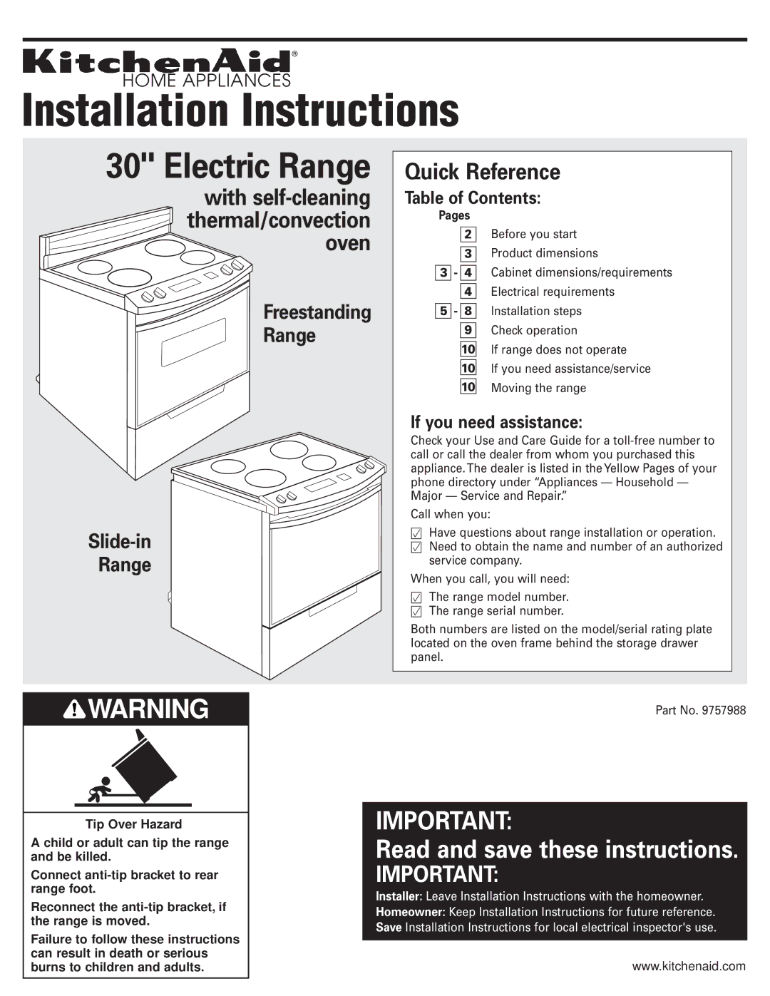 KitchenAid Convection Oven installation instructions Table of Contents, If you need assistance 