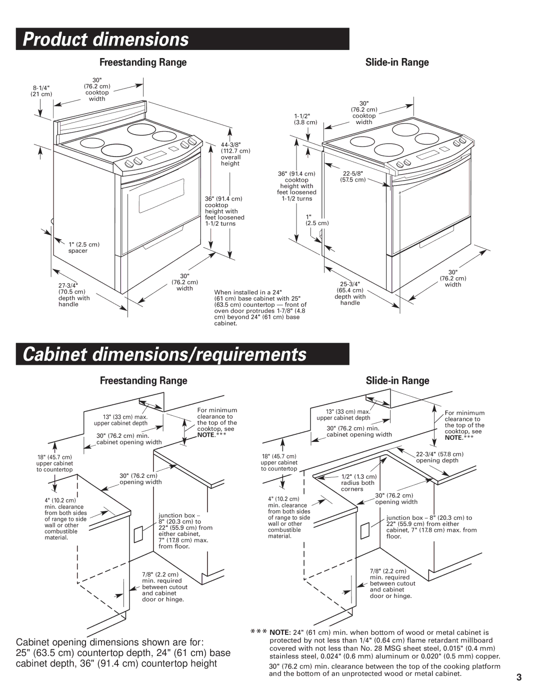 KitchenAid Convection Oven installation instructions Product dimensions, Cabinet dimensions/requirements, Slide-in Range 