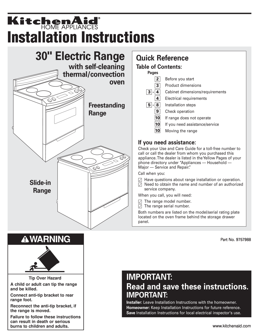 KitchenAid Convection Oven installation instructions Table of Contents, If you need assistance, Pages, Electric Range 