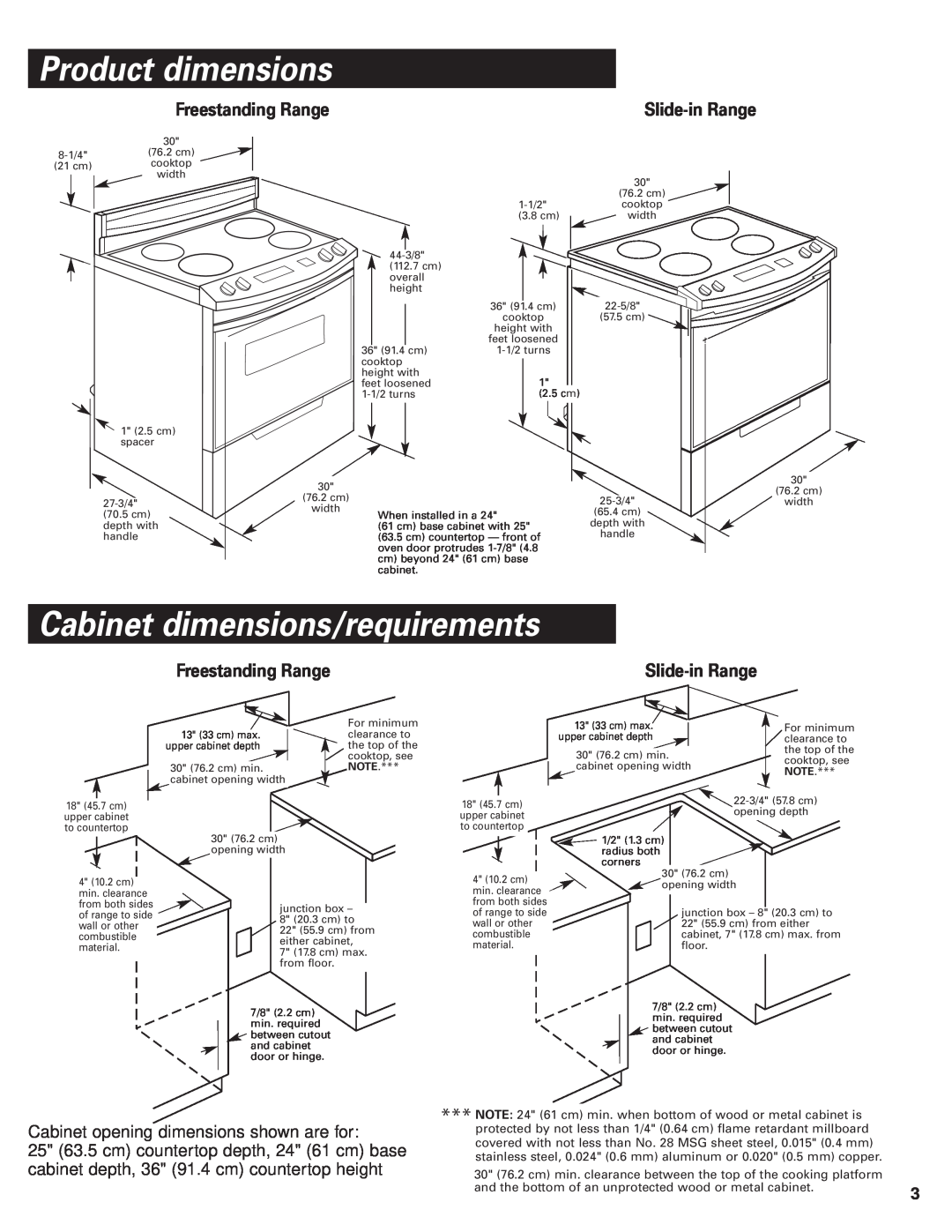KitchenAid Convection Oven Product dimensions, Cabinet dimensions/requirements, Slide-in Range, Freestanding Range 