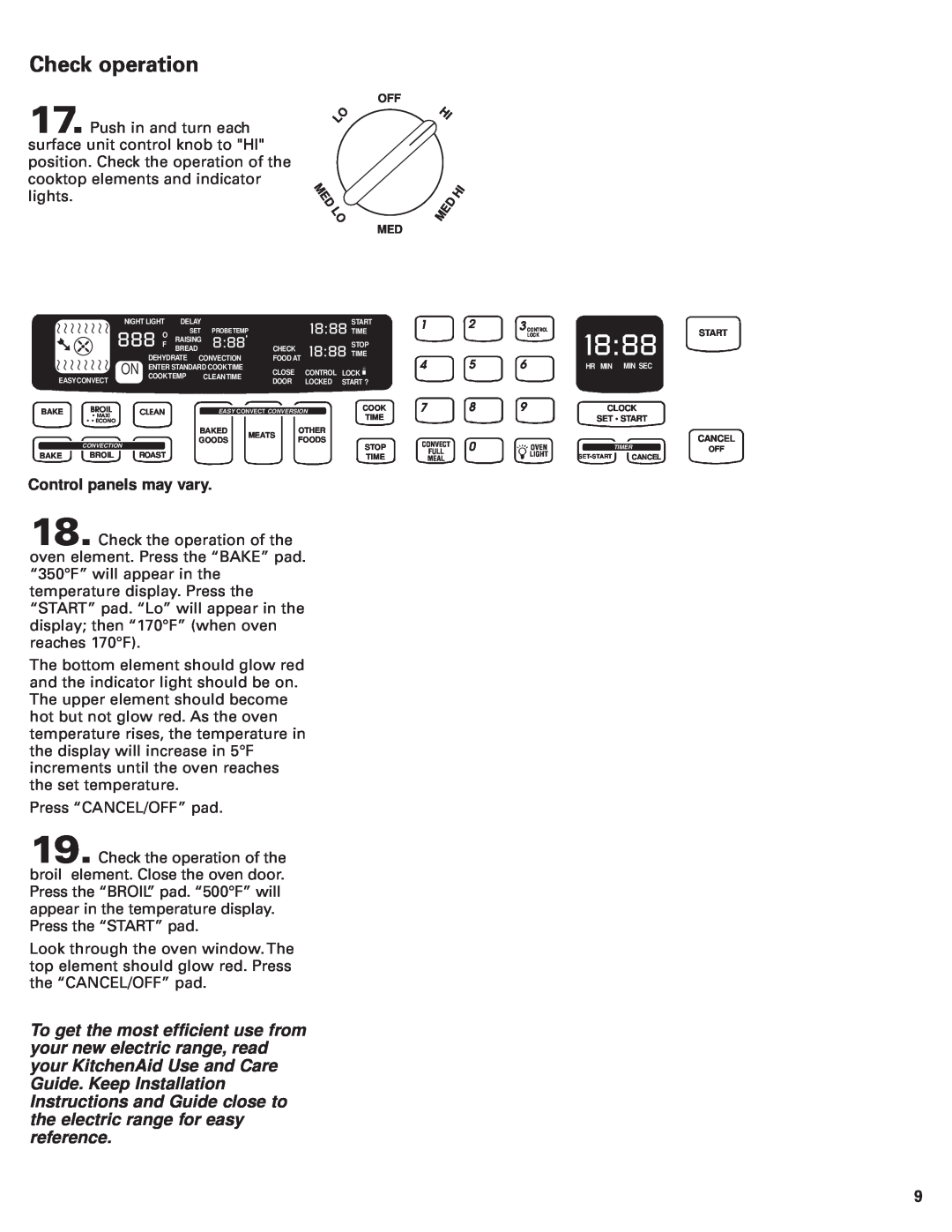 KitchenAid Convection Oven installation instructions Check operation, Control panels may vary, 1888, 888 F, Med Lo 