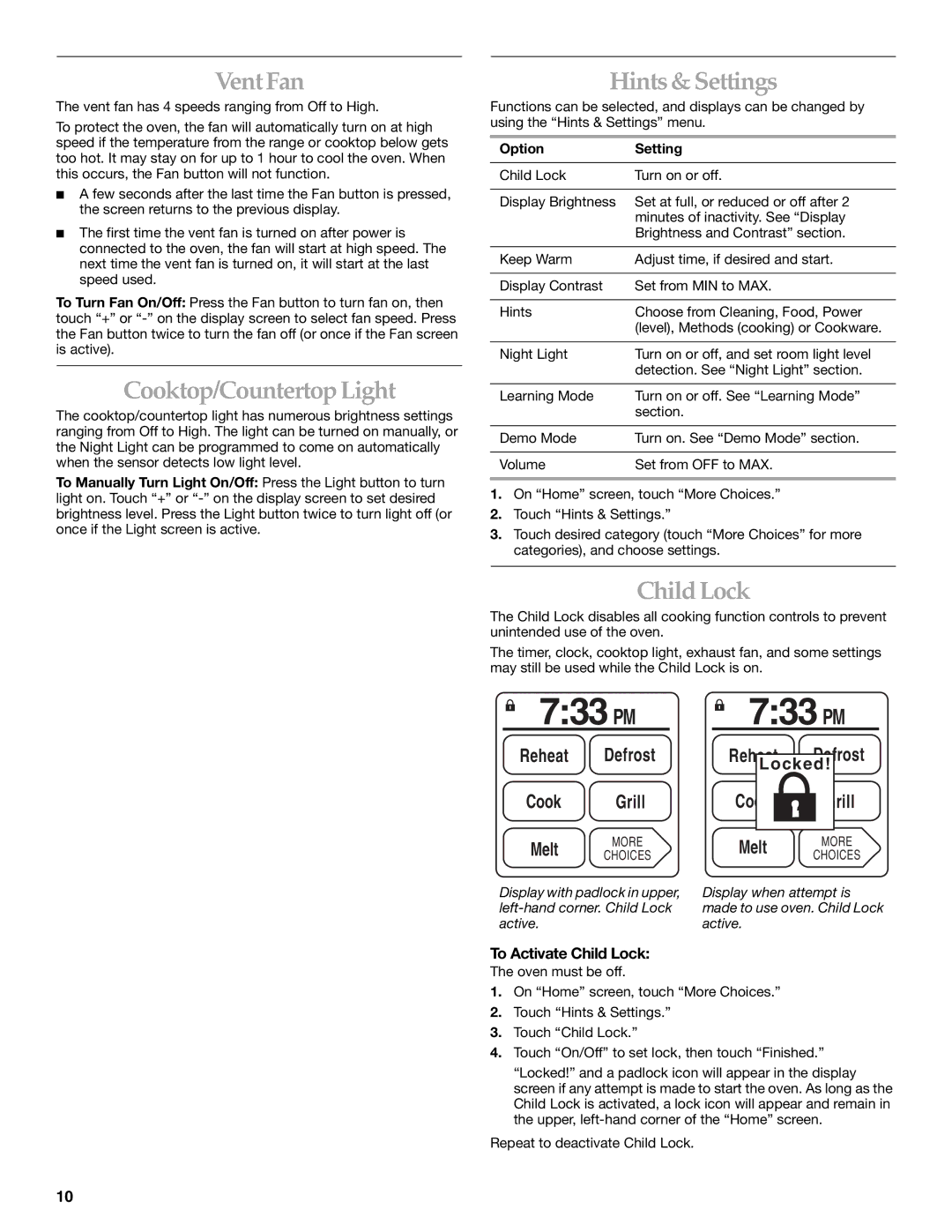 KitchenAid COOK SPEED OVEN manual 733 PM, Vent Fan, Cooktop/Countertop Light, Hints& Settings, Child Lock 