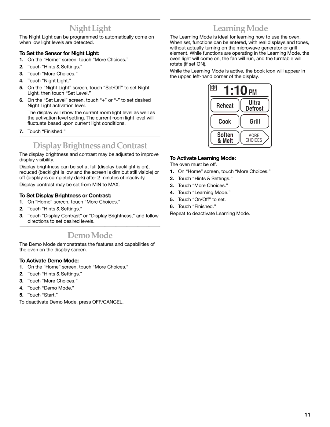 KitchenAid COOK SPEED OVEN manual 110 PM, Night Light, Display Brightnessand Contrast, Demo Mode, Learning Mode 