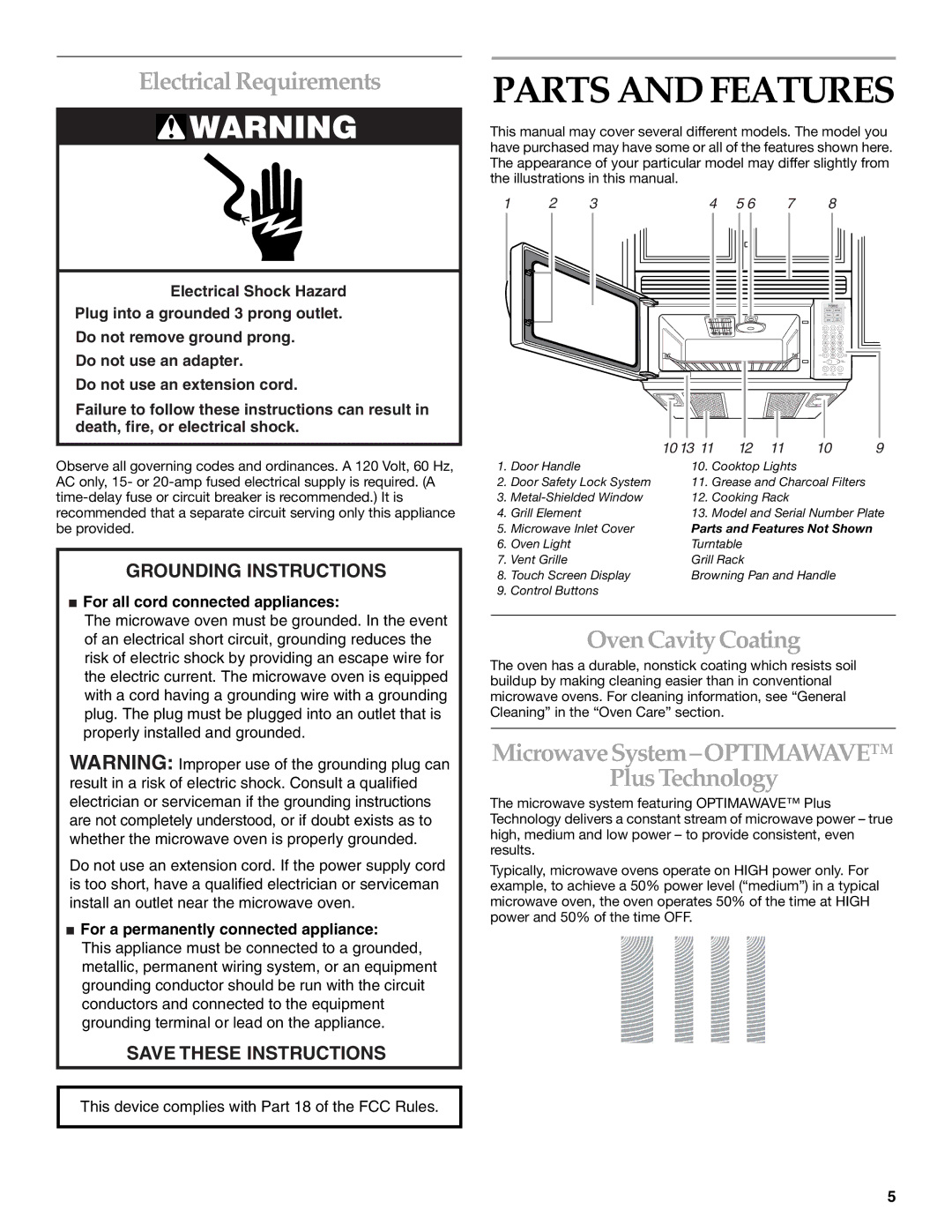 KitchenAid COOK SPEED OVEN manual Parts and Features, Electrical Requirements, Oven Cavity Coating 