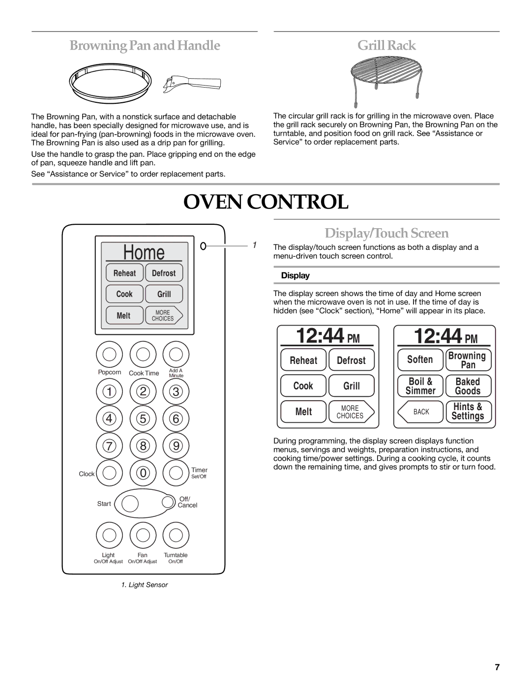 KitchenAid COOK SPEED OVEN manual Oven Control, 1244 PM, Browning Pan and HandleGrill Rack, Display/Touch Screen 