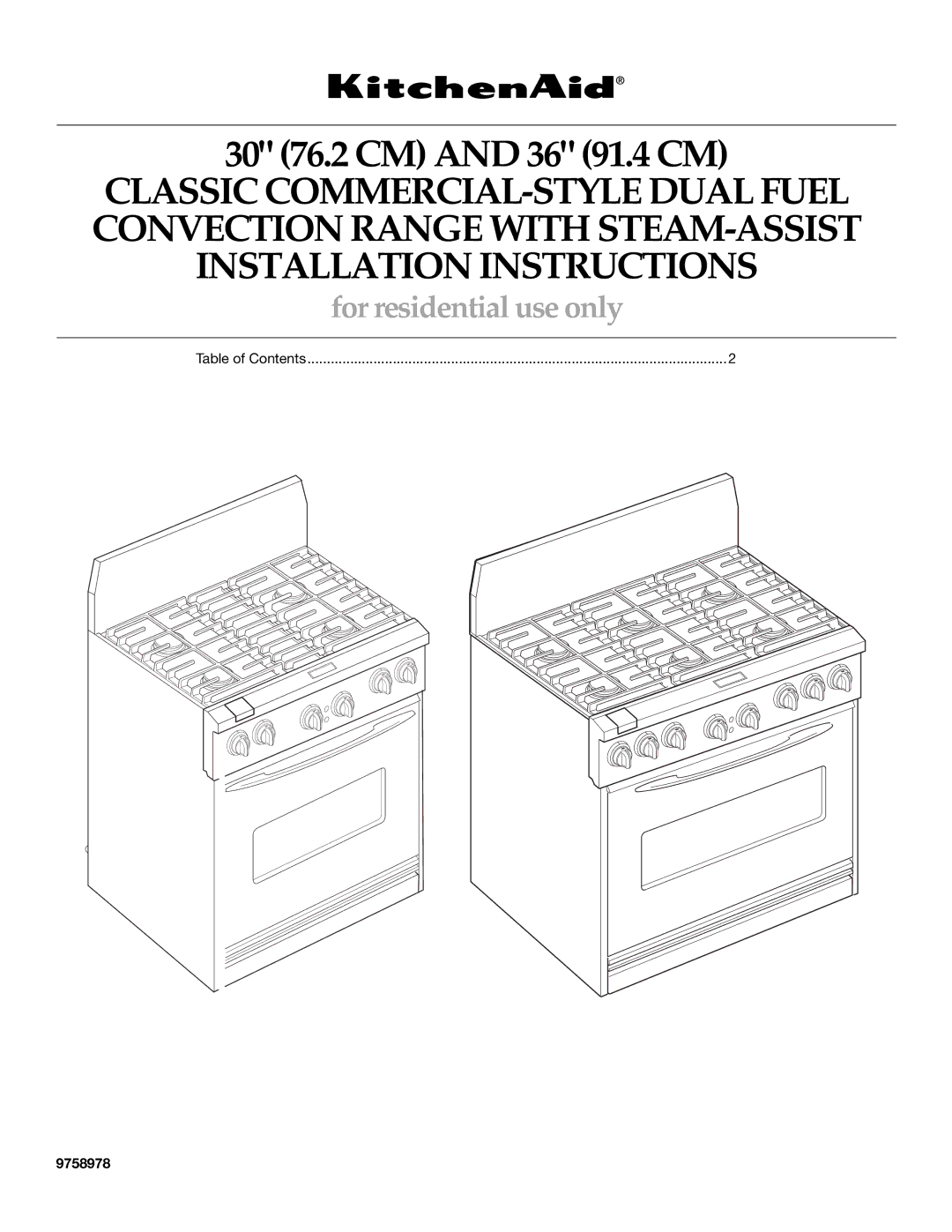 KitchenAid Cooktop installation instructions 30 76.2 CM and 36 91.4 CM, 9758978 