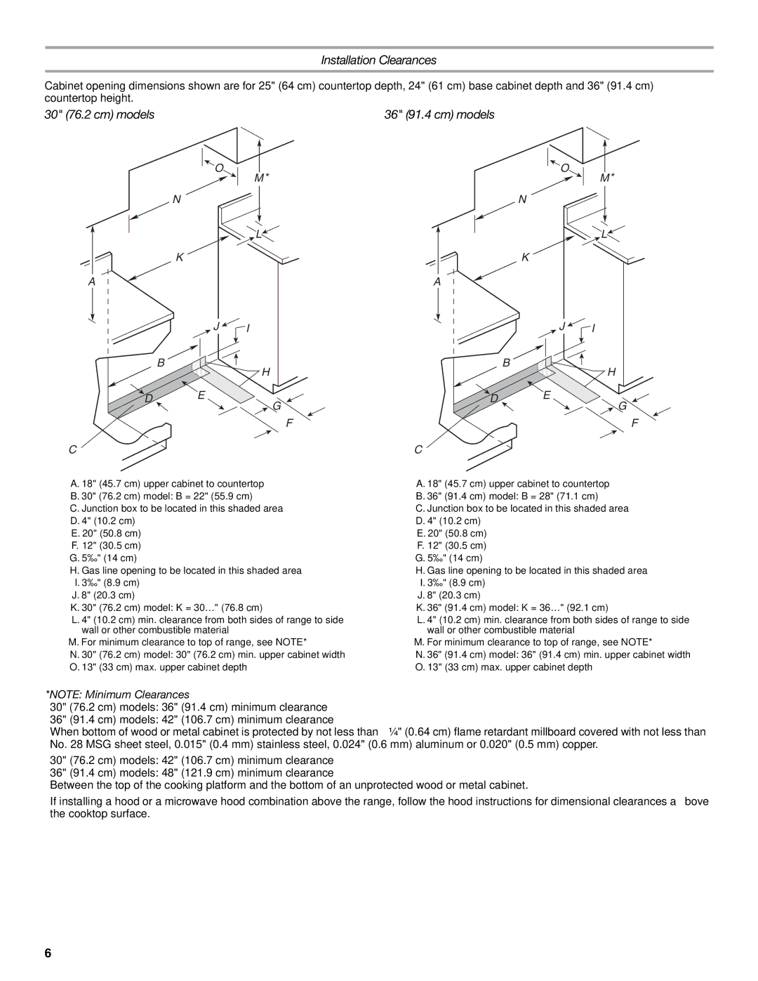 KitchenAid Cooktop installation instructions Installation Clearances, 36 91.4 cm models 