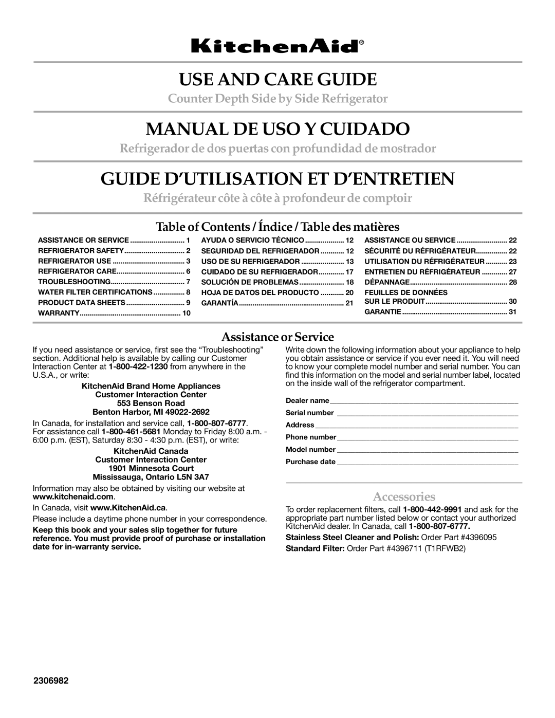 KitchenAid KSCS25INSS01 warranty USE and Care Guide, Manual DE USO Y Cuidado, Guide D’UTILISATION ET D’ENTRETIEN 