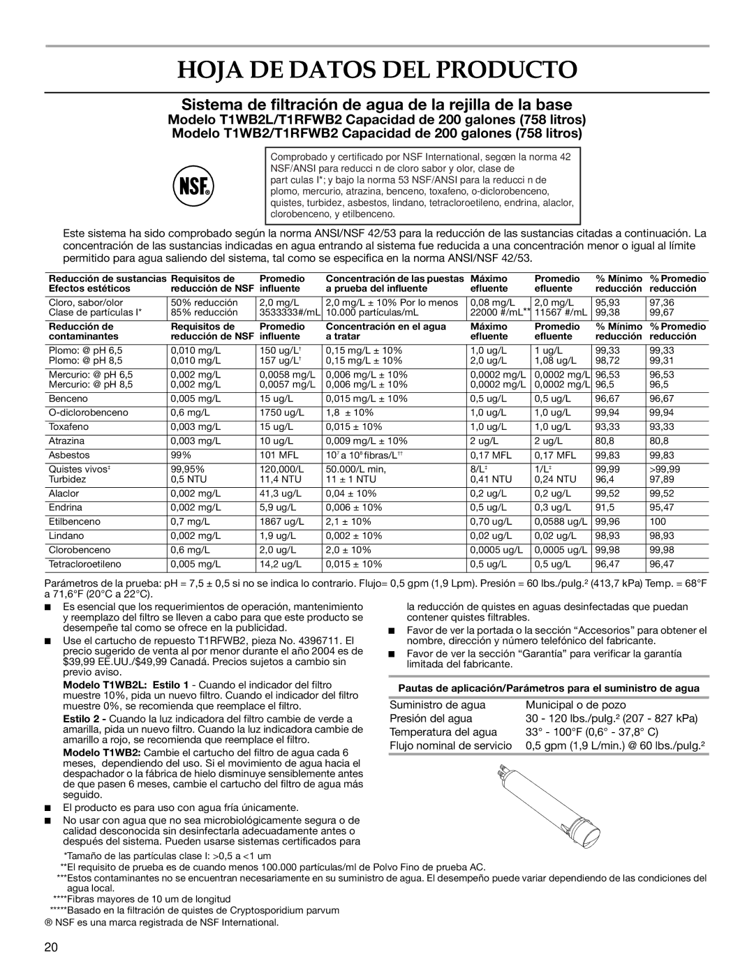 KitchenAid KSCS23INWH00, KSCS25INWH00 Hoja DE Datos DEL Producto, Sistema de filtración de agua de la rejilla de la base 