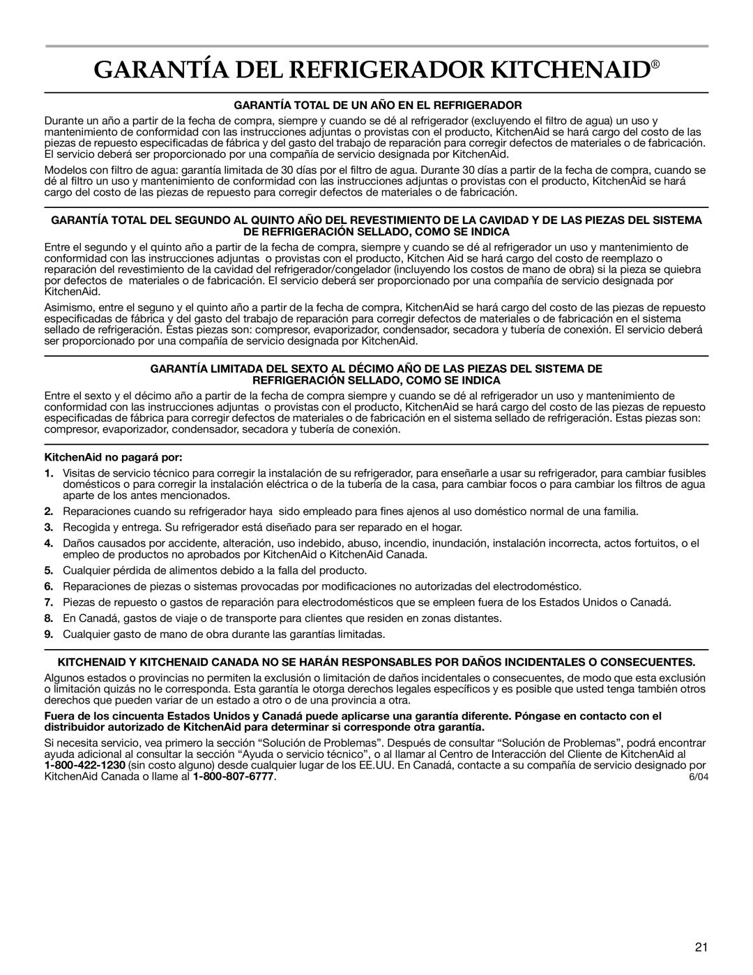 KitchenAid KSCS23INBT00, KSCS25INWH00 Garantía DEL Refrigerador Kitchenaid, Garantía Total DE UN AÑO EN EL Refrigerador 